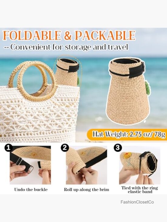 100% Raffia Straw Sun Visor UPF50+ Wide Brim Adjustable Floral Open Top Beach